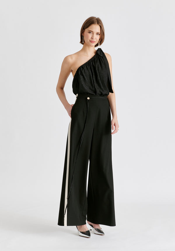 Contrast Trim Wide Leg Trousers in Black and Beige Front